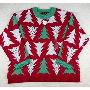 NWT 33 Degrees Men Ugly Christmas Sweater Trees Red Green White Crew Neck Size M